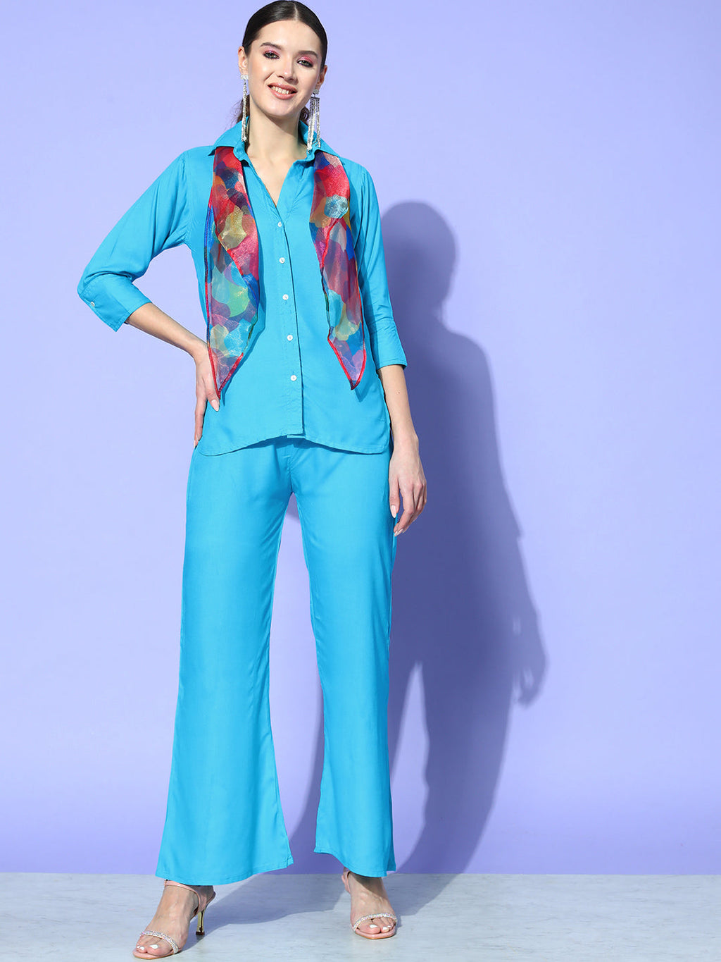 InWeave Women's Aqua Blue Coord Set With Maroon Abstract Scarf | Grocsy