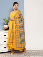 InWeave Women's Yellow Ray Strappy Kurta Set With Yellow Zig Zag Cotton Dupatta | Grocsy