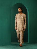 trueBrowns Men's Beige Geometric Muslin Silk Printed Co-ord Set | Grocsy