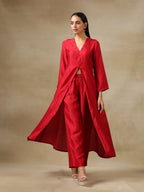 trueBrowns Maroon Textured Silk Front Slit Kurta Pant Set | Grocsy