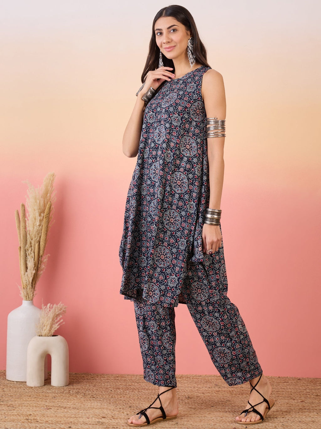 InWeave Navy Maroon Ajrakh Foil Round Neck Kurta Pant Set | Grocsy