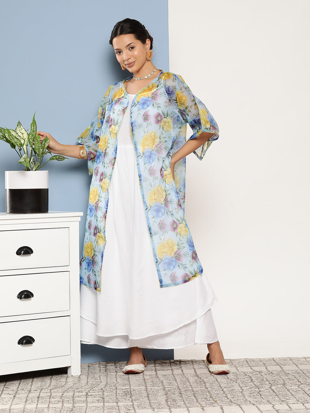 InWeave Women's Cream Strappy With Blue Floral Print Cape | Grocsy