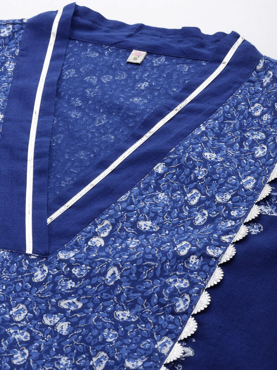 Ahalyaa Floral Print Midi Pure Cotton Ethnic Dress with Lace Inserts Detail | Grocsy