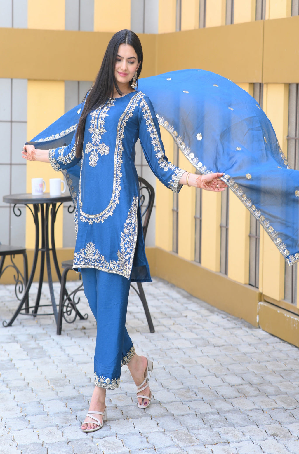Teeya Creation Blue Color Chinon Silk Heavy Embroidery Work Fully Stitched Salwar Suit | Grocsy
