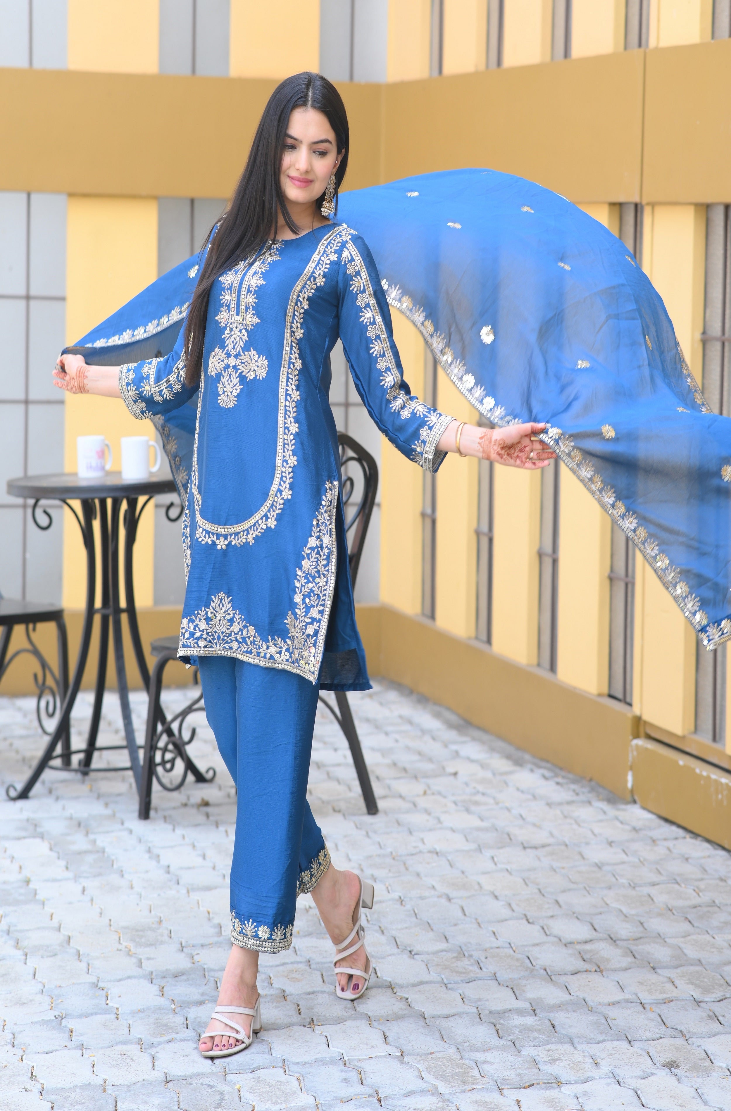 Teeya Creation Blue Color Chinon Silk Heavy Embroidery Work Fully Stitched Salwar Suit | Grocsy
