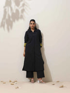 trueBrowns Black Cotton Linen Kurta Pant Set | Grocsy