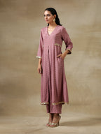 trueBrowns Dark Mauve Bandhani Printed Silk Front Slit Kurta Pant Set | Grocsy