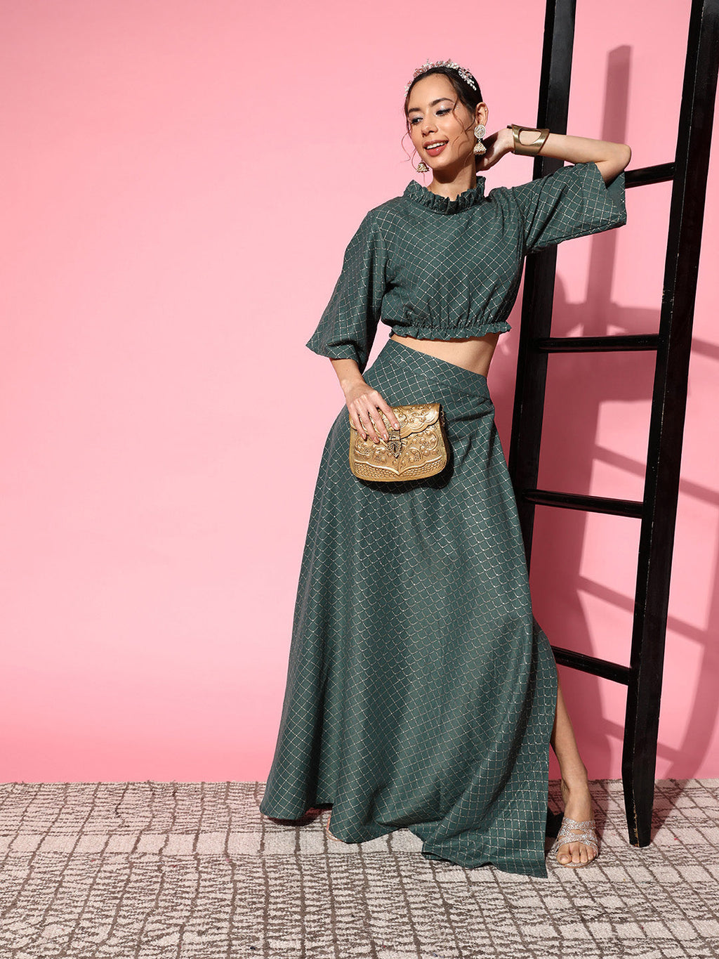 InWeave Women's Hunter Green Gold Crop Top With Side Slit Skirt | Grocsy