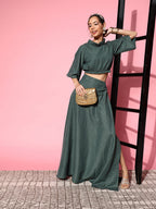 InWeave Women's Hunter Green Gold Crop Top With Side Slit Skirt | Grocsy