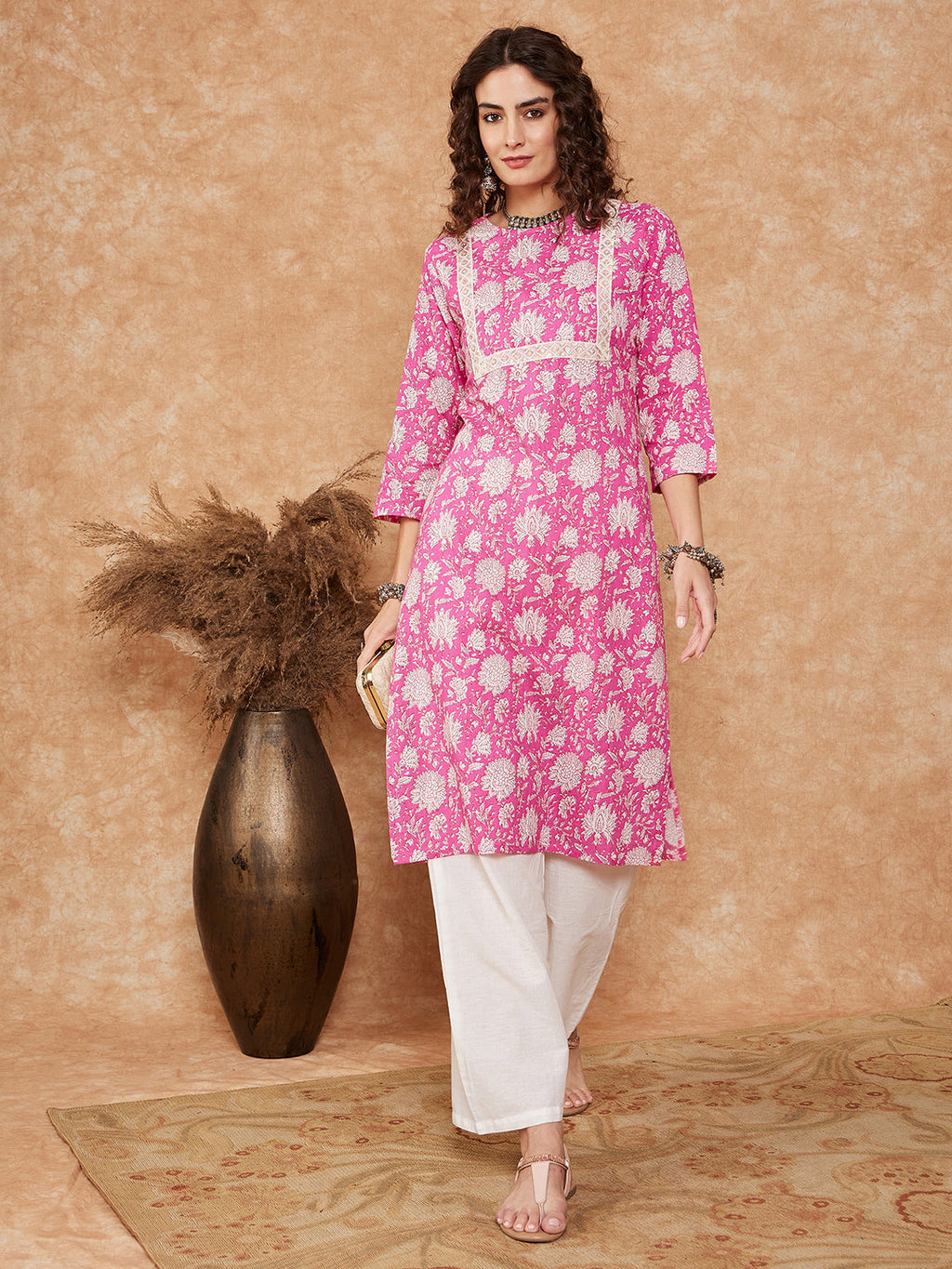 InWeave Women's Pink White Floral Square Lace Work Straight Kurta | Grocsy