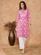 InWeave Women's Pink White Floral Square Lace Work Straight Kurta | Grocsy