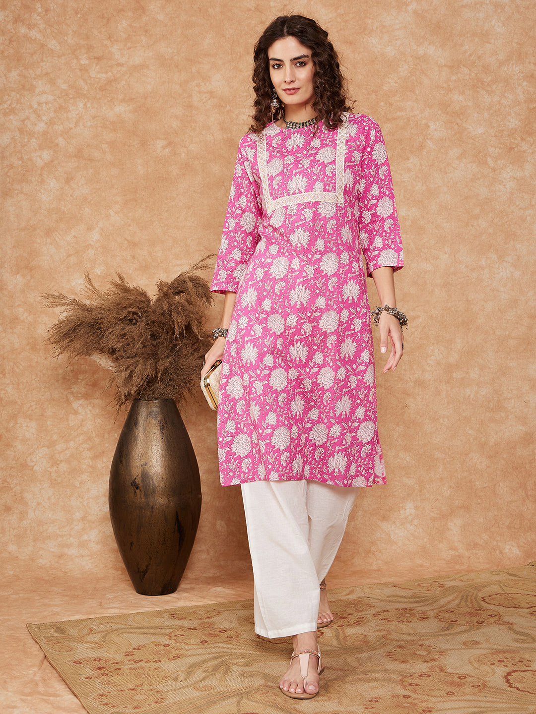 InWeave Women's Pink White Floral Square Lace Work Straight Kurta | Grocsy
