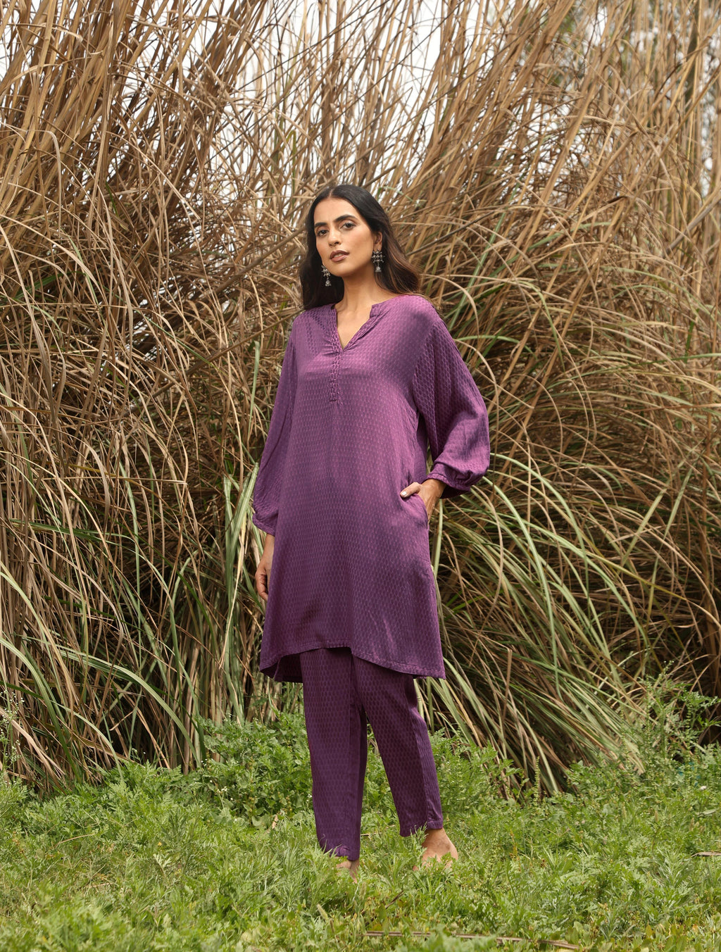 trueBrowns Purple Viscose Dobby Relaxed Co-ord Set | Grocsy