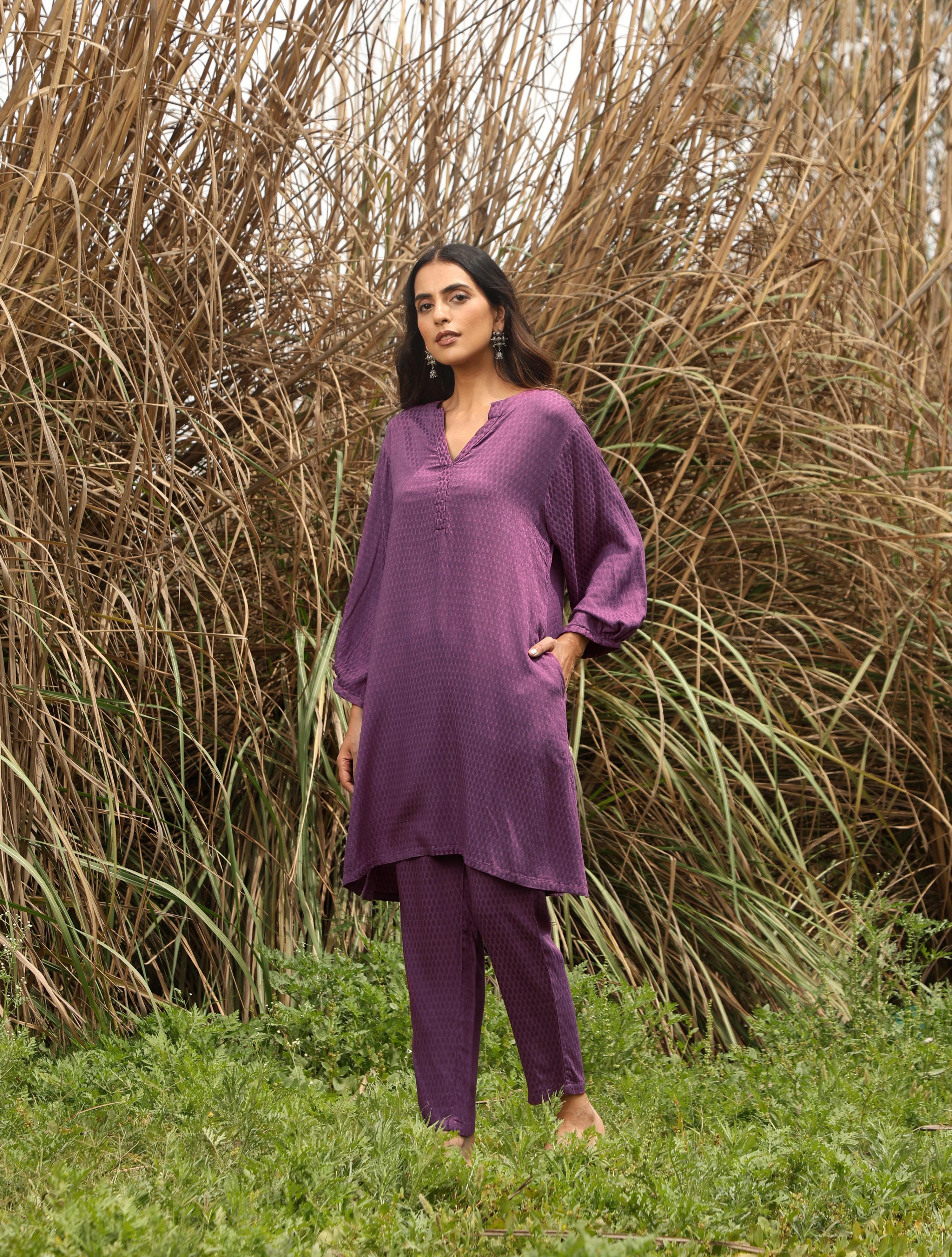 trueBrowns Purple Viscose Dobby Relaxed Co-ord Set | Grocsy