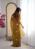 Evanik Mehendi Mos Silk With Handwork Butterfly Design Saree With Unstitched Blouse | Grocsy