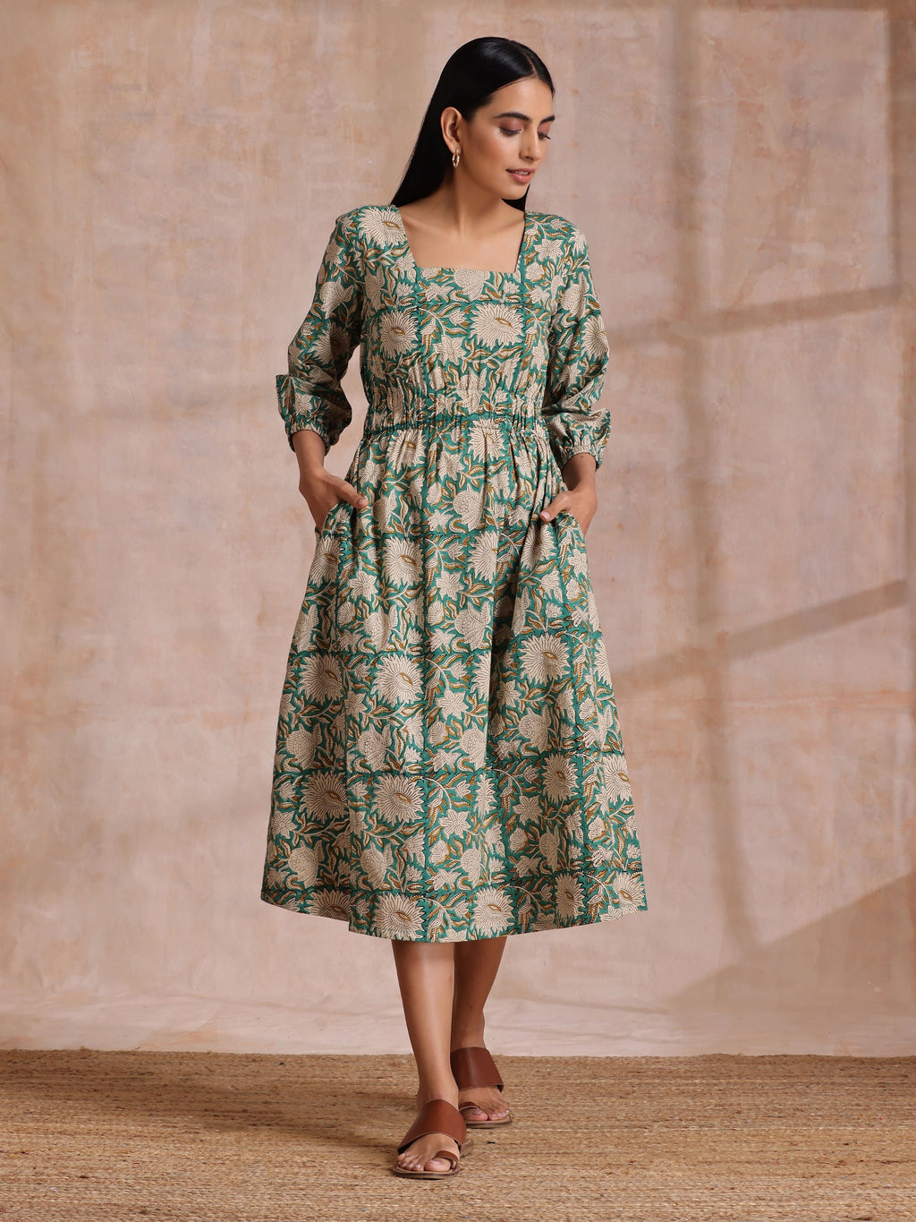 trueBrowns Fern Green Overall Floral Block Print Cotton Square Neck Dress | Grocsy