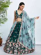 House of Panchhi Teal Pure Georgette Sequins And Thread Embroidery Lehenga Choli & Dupatta | Grocsy