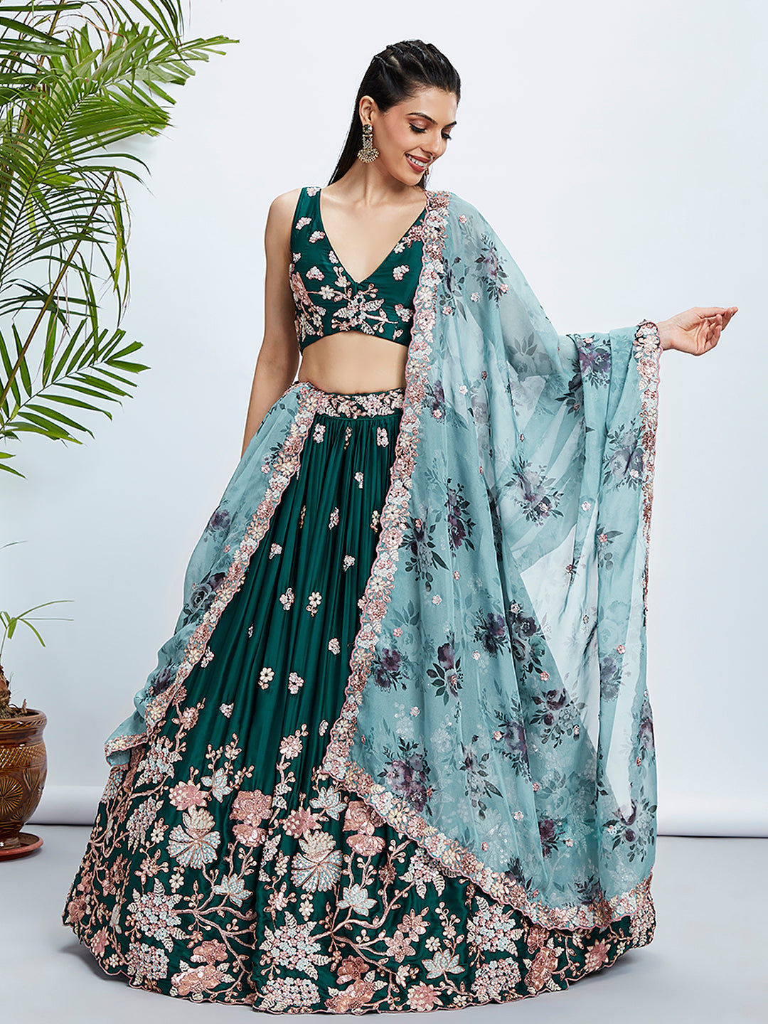 House of Panchhi Teal Pure Georgette Sequins And Thread Embroidery Lehenga Choli & Dupatta | Grocsy