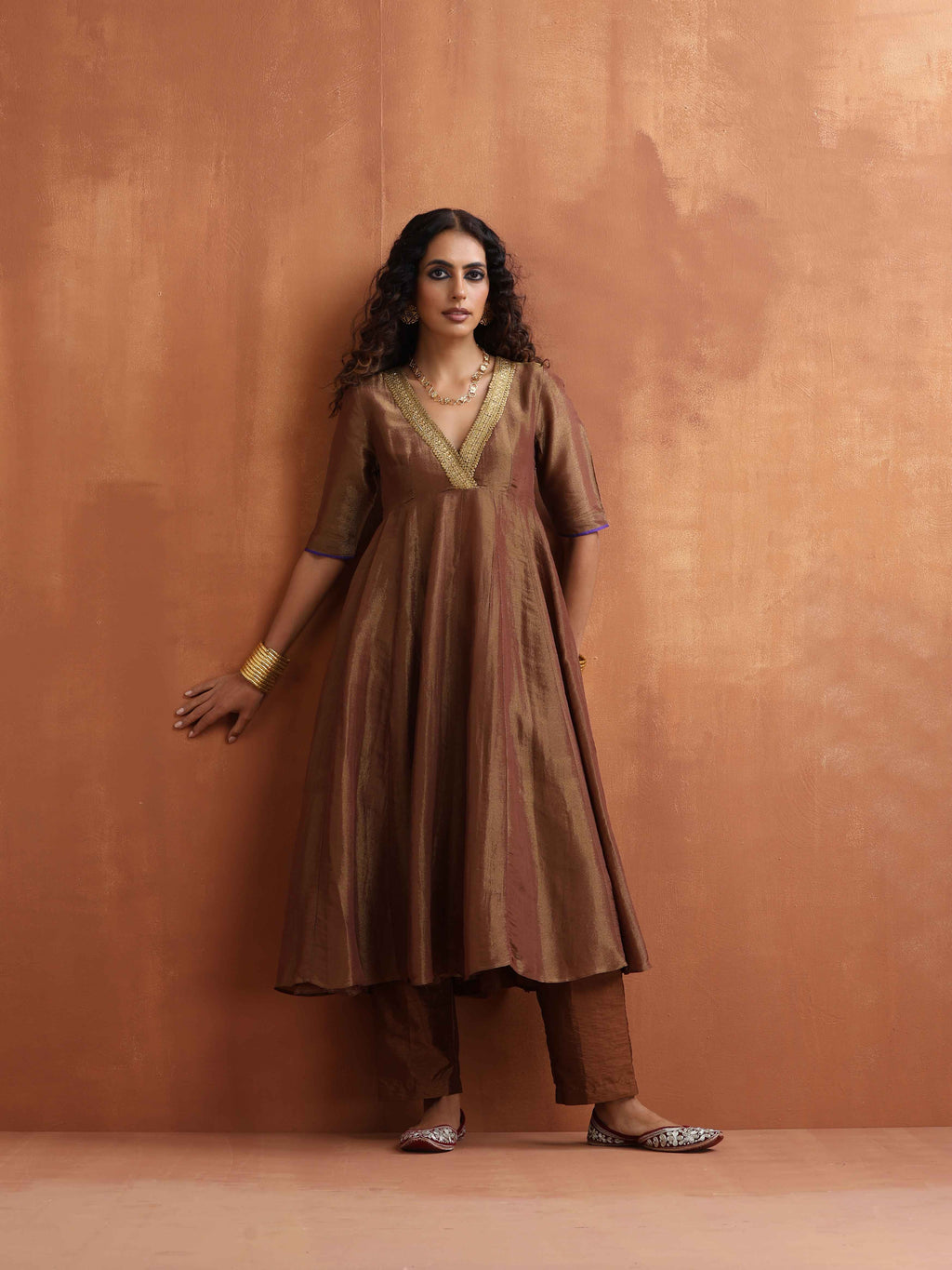 trueBrowns Bronze Tissue Flared Anarkali Kurta Set | Grocsy