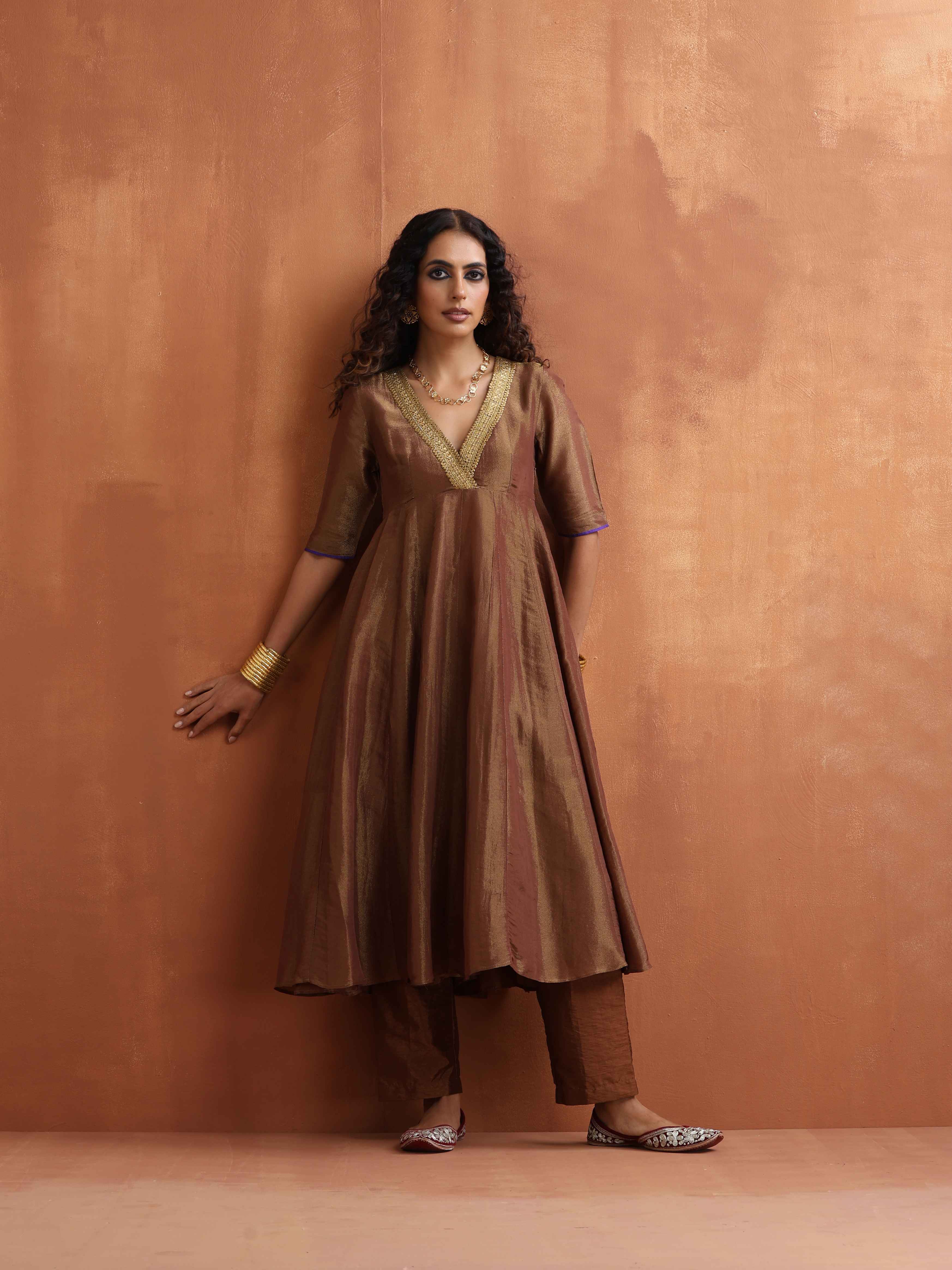 trueBrowns Bronze Tissue Flared Anarkali Kurta Set | Grocsy