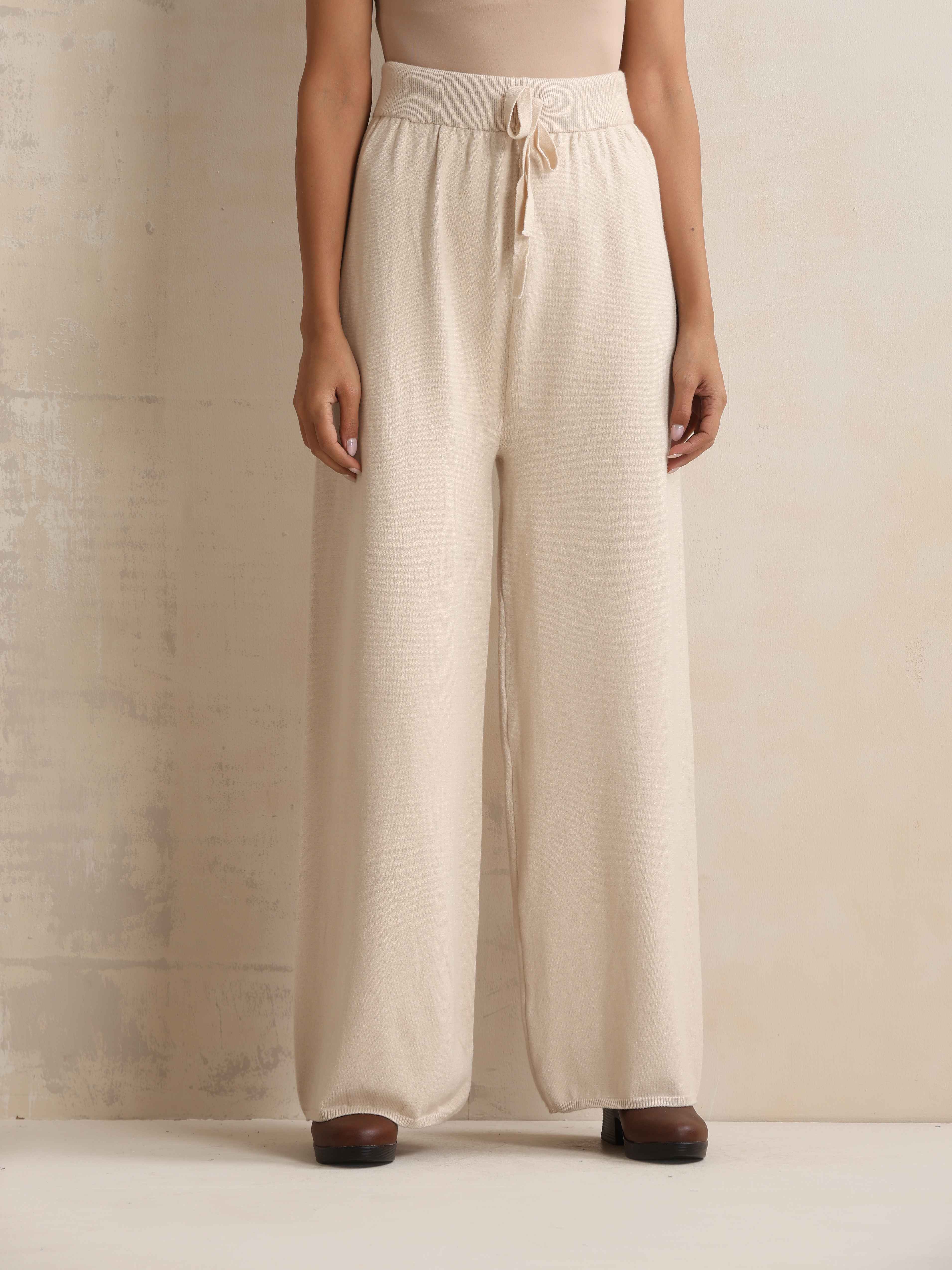 trueBrowns Ivory Woollen Flared Pants | Grocsy