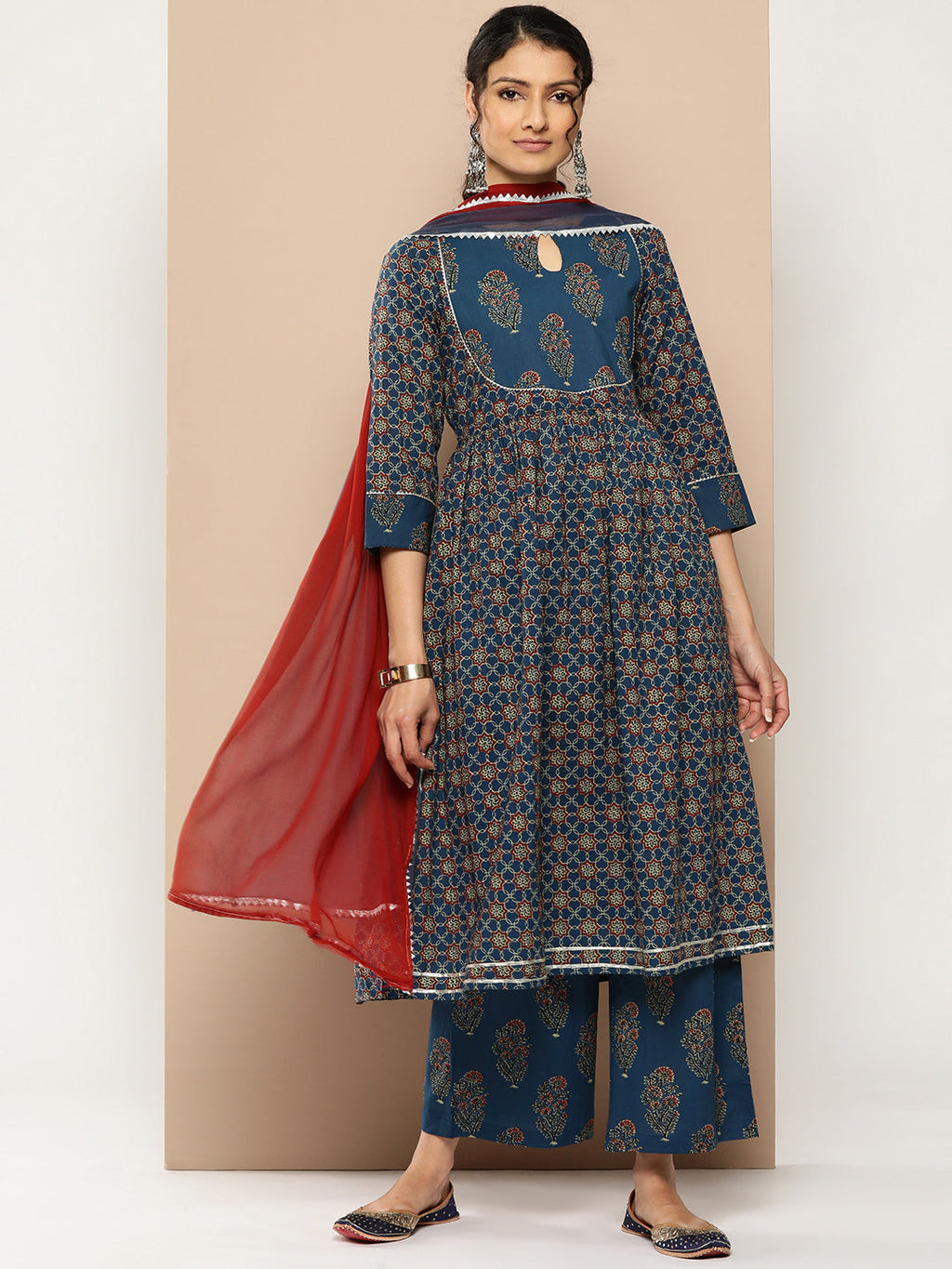 KSUT (House of Varanga) Blue And Rust Yoke Style Anarkali Paired With Printed Palazzo And Ombre Dupatta | Grocsy