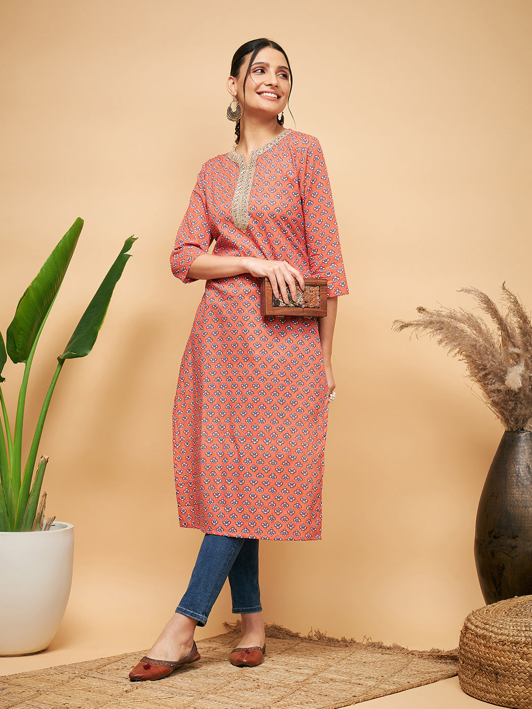 InWeave Women's Coral Blue Boota Print Gota Straight Kurta | Grocsy