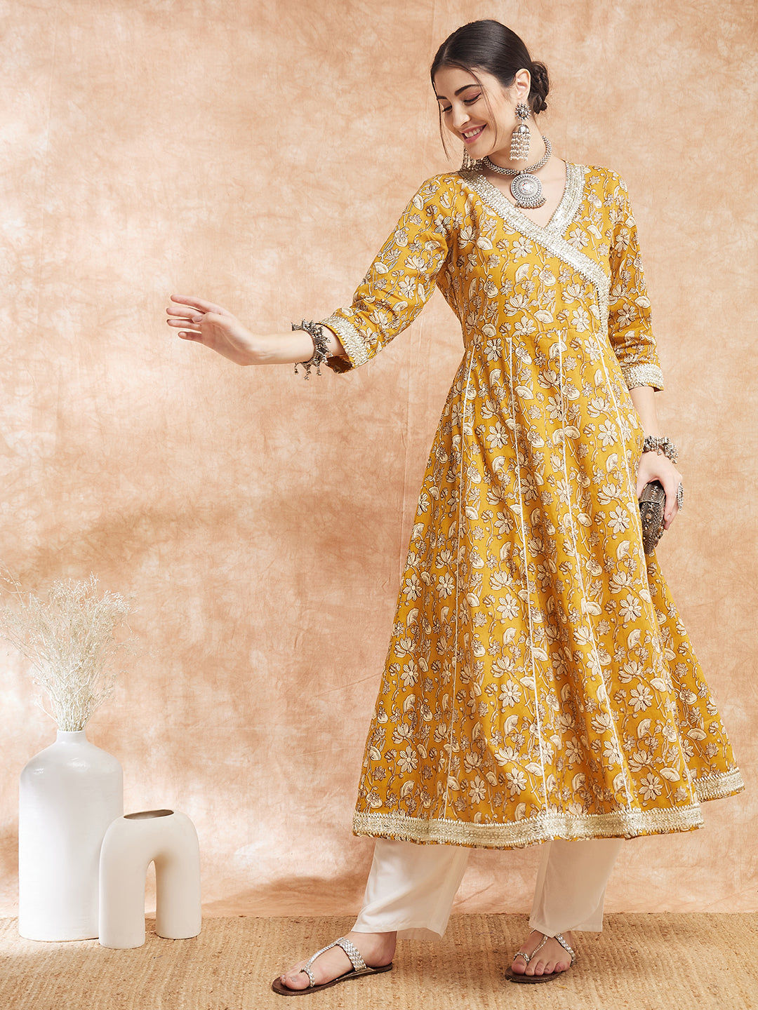 InWeave Women's Mustard Printed Gota Embroidered Anarkali Kurta | Grocsy