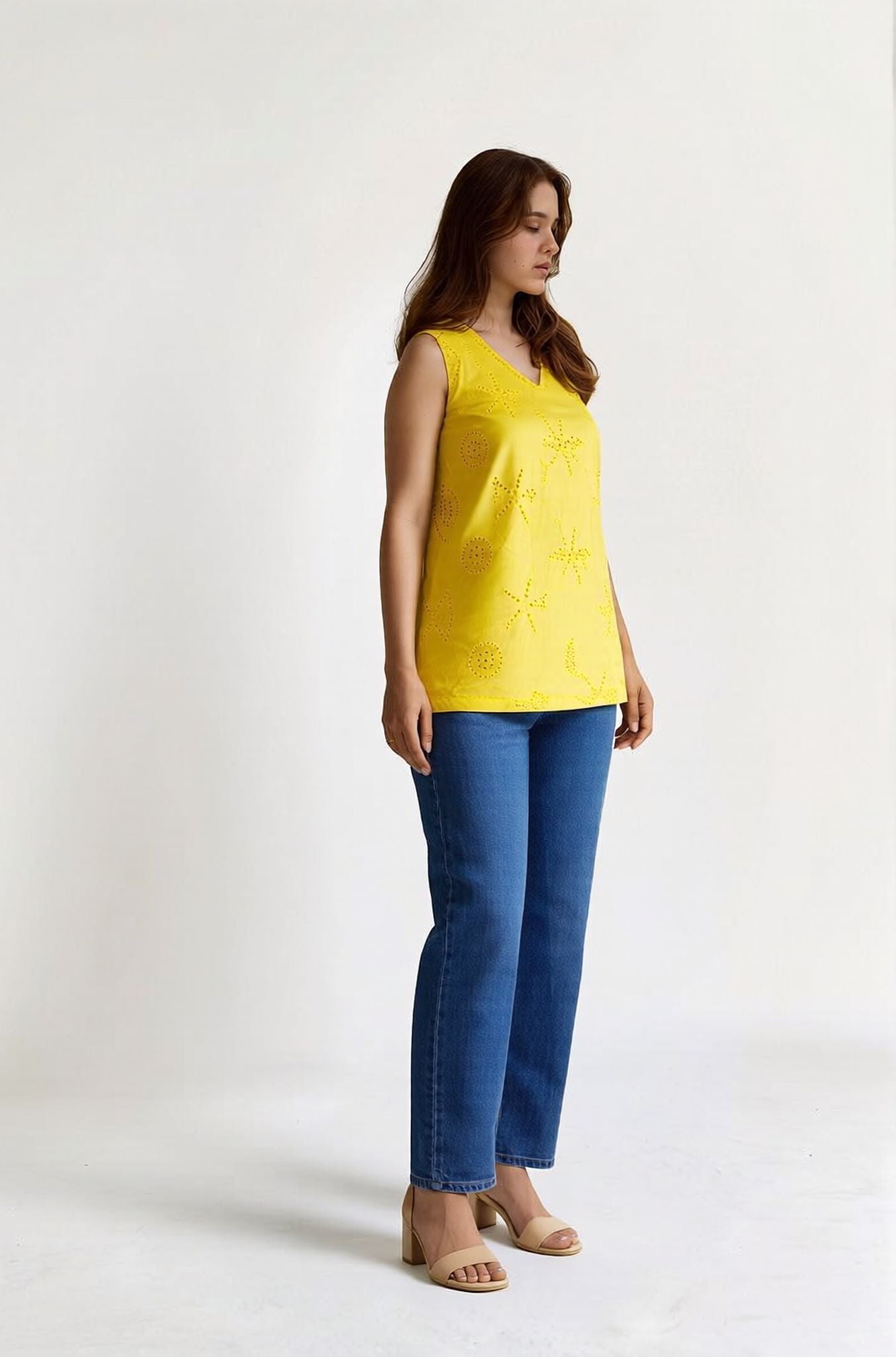 Myshka Women Yellow Schiffili Sleeveless Top | Grocsy