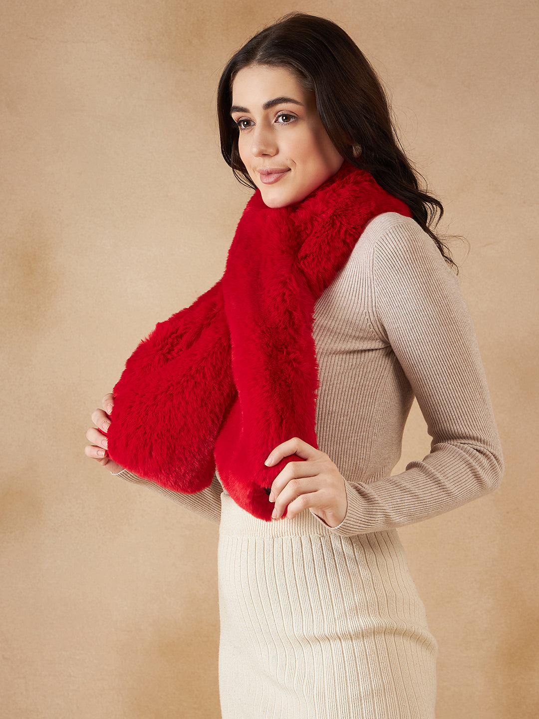 InWeave Women's Cherry Red Faux Fur Neck Warmer | Grocsy