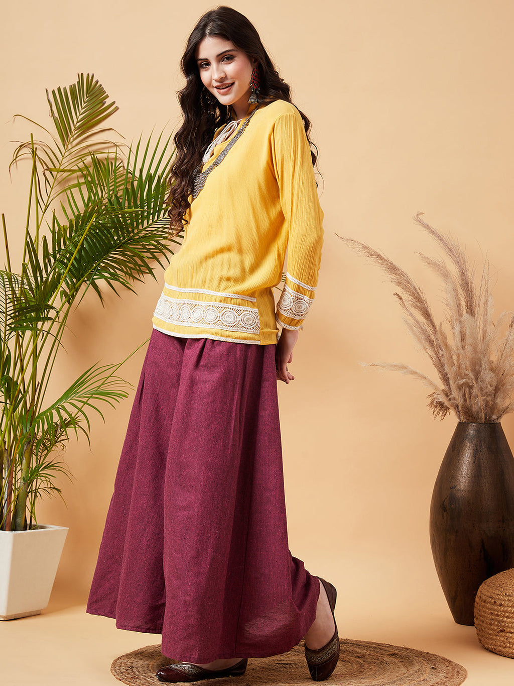 InWeave Women's Pink Wine Handloom Palazzo | Grocsy