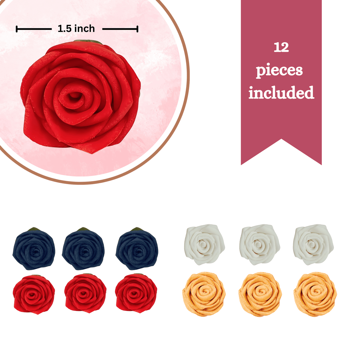 Confect Edible Sugar Roses Cake Toppers - Pack of 12 (04) | Grocsy