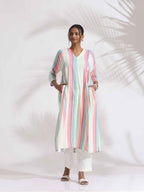 trueBrowns Off-White Cotton Multi Stripe Flared Kurta Set | Grocsy