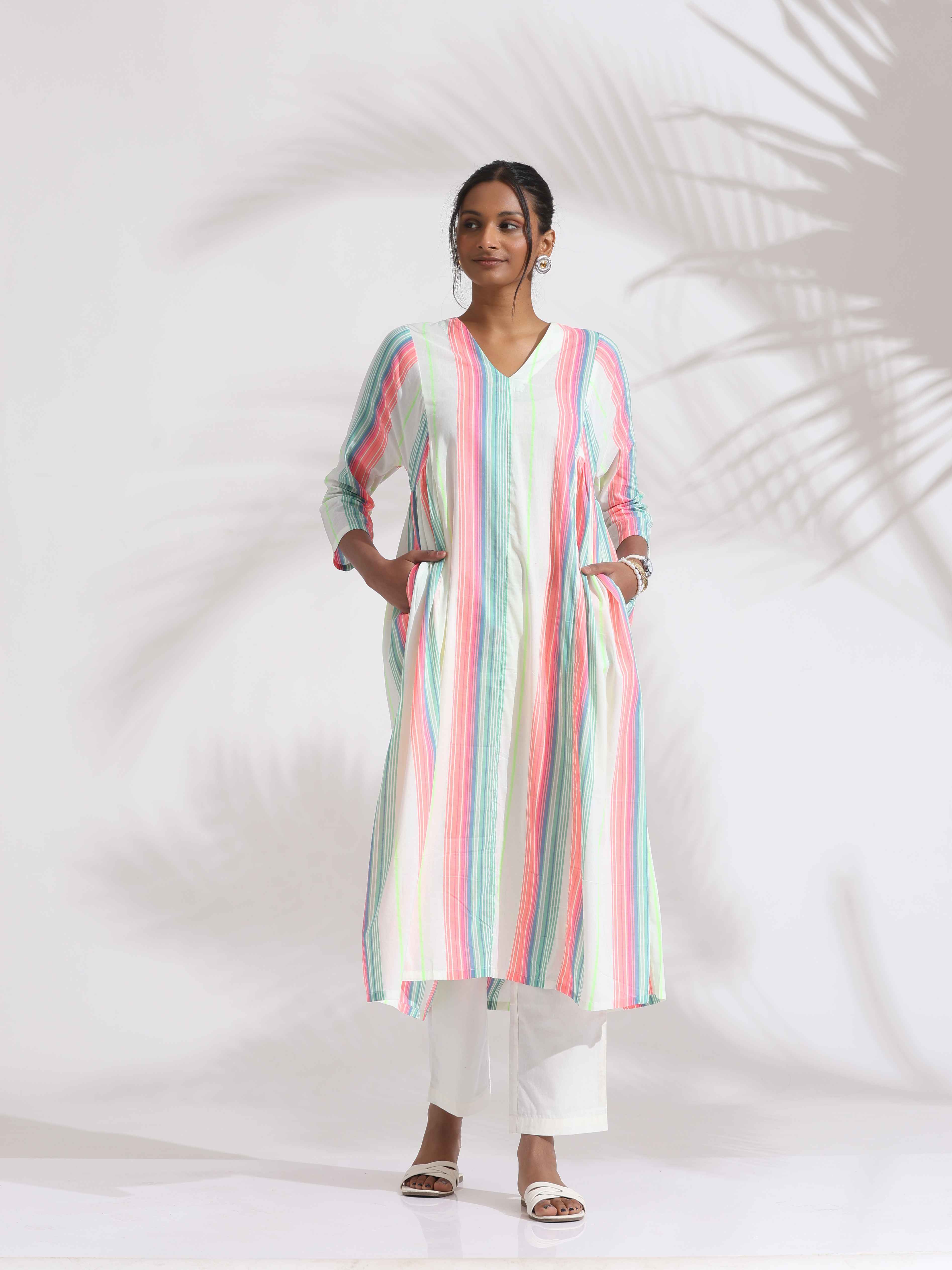 trueBrowns Off-White Cotton Multi Stripe Flared Kurta Set | Grocsy