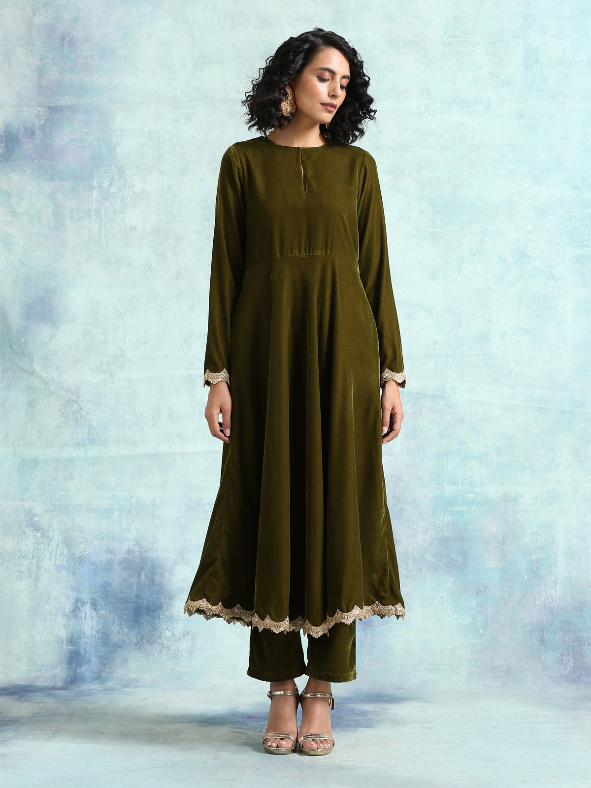 trueBrowns Mehandi Velvet Anarkali Kurta | Grocsy