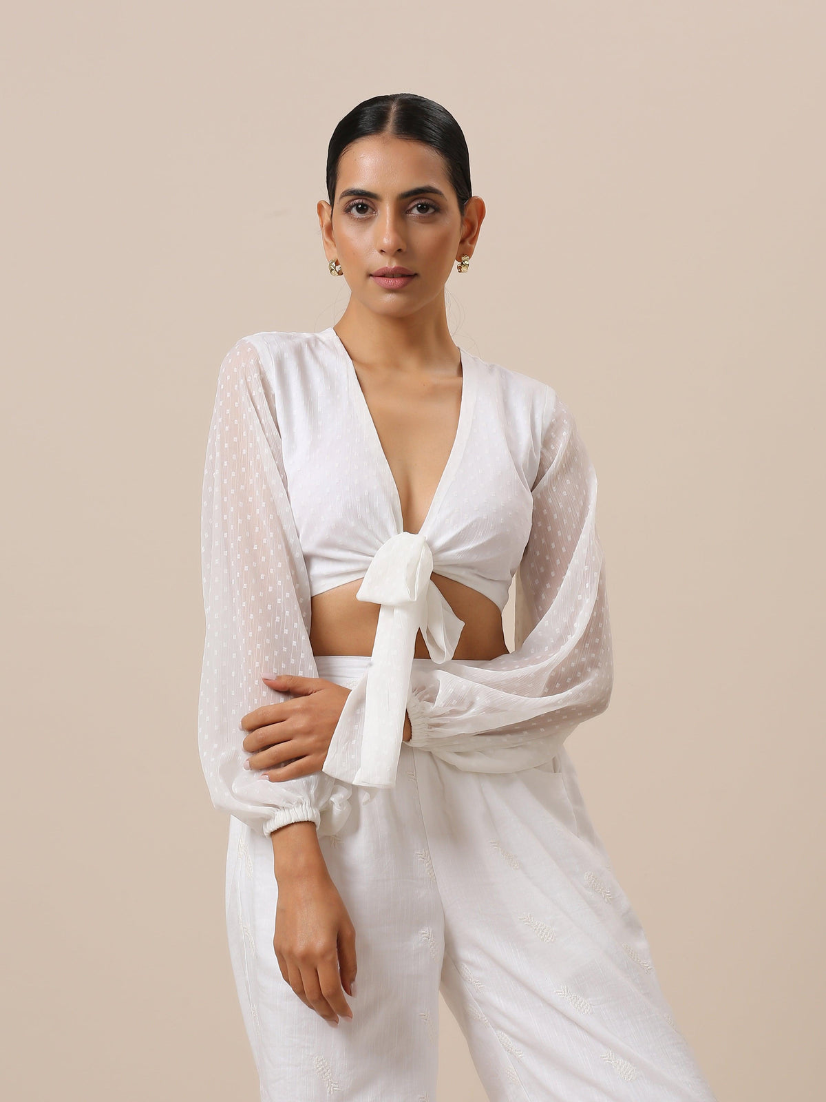 trueBrowns Chiffon White Dobby Tie Up Top | Grocsy
