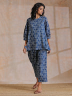 trueBrowns Indigo Dabu Overall Print Cotton Baggy Sleeve Co-Ord Set | Grocsy