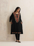 trueBrowns Black Kashmiri Embroidered Woollen Phiran Kurta | Grocsy