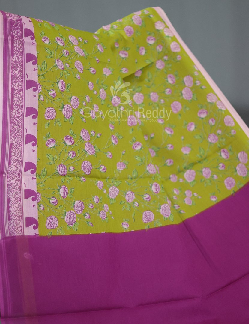 Block Print Apple Green Coloured Mulmul Cotton Saree By Gayathri Reddy Designer Studio | Grocsy