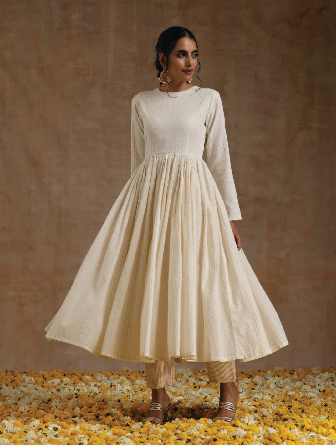 trueBrowns Ivory Gold Cotton Anarkali Set | Grocsy