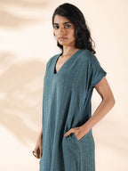 trueBrowns Turquoise Cotton Dobby Dress | Grocsy