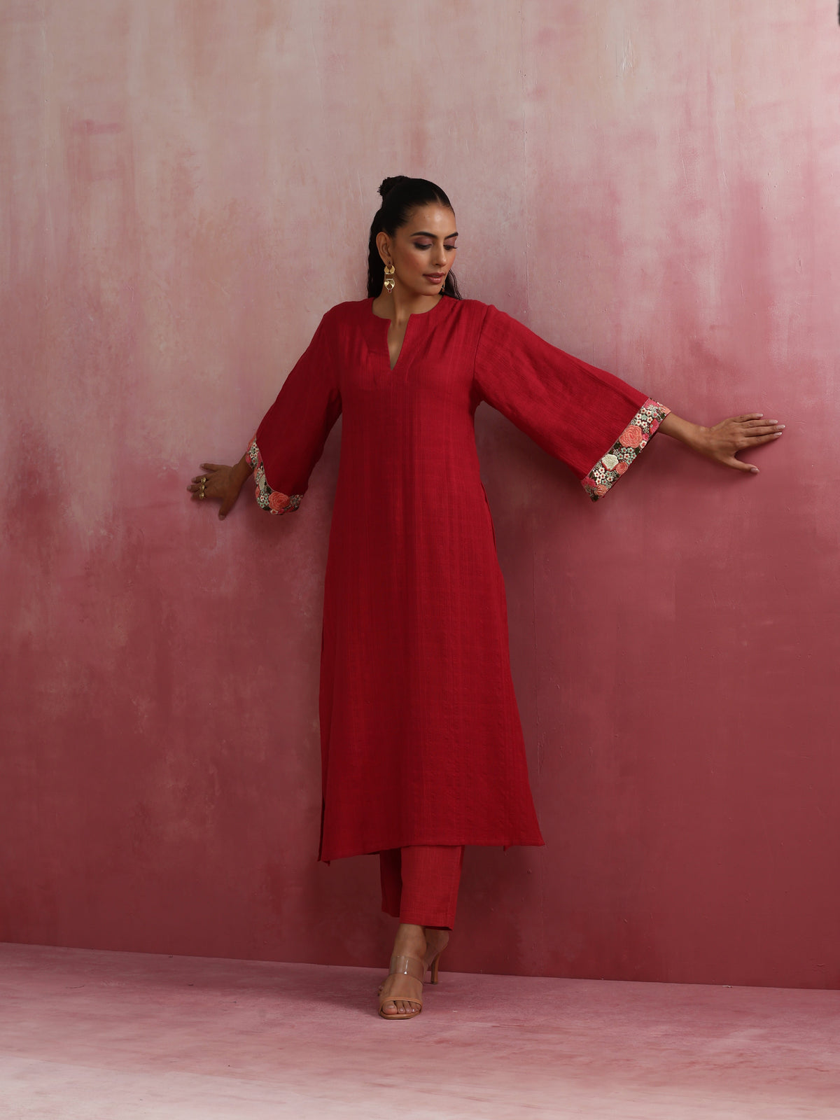 trueBrowns Red Straight Cotton Dobby Kurta Set | Grocsy