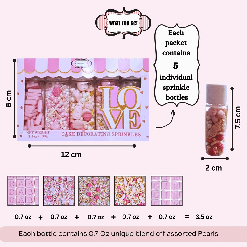 Confect Girls Baby Shower Sprinkles | Mix Heart, Teddy, Baby Feed Bottle & Baby Feet Sprinkles | Grocsy