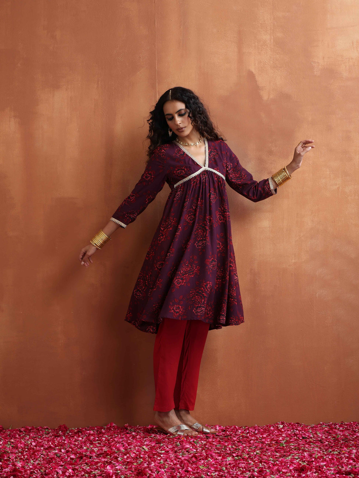 trueBrowns Purple Floral Print Anarkali Kurta Co-ord Set | Grocsy