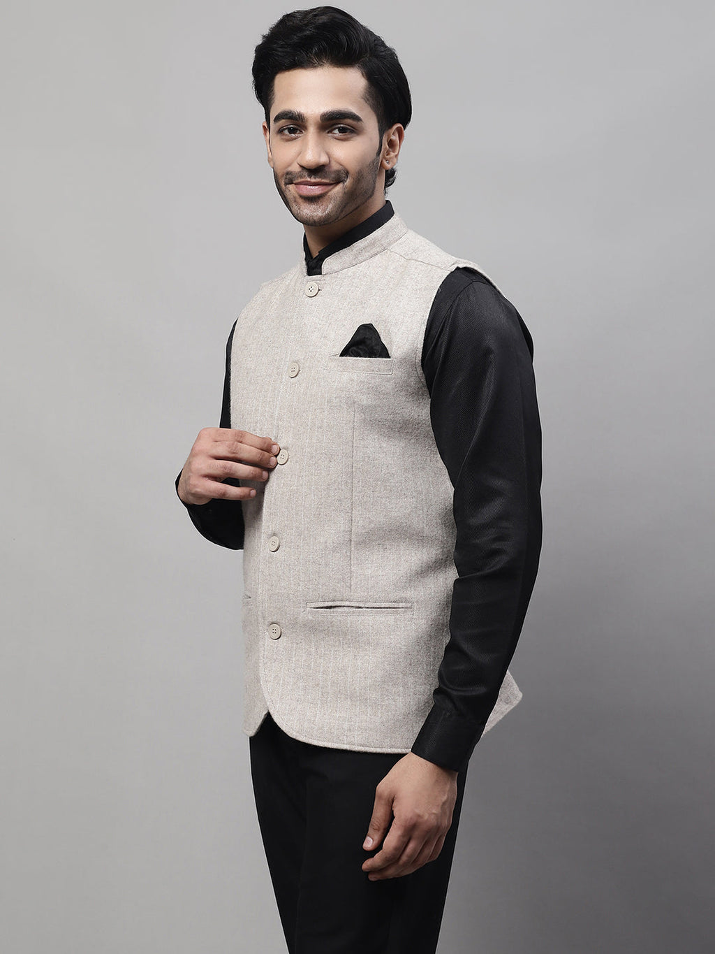 Even Apparels Men's Beige Pure Wool Nehru Jacket | Grocsy