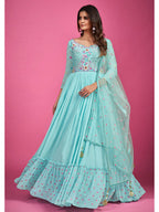 Myra Blue Chinon Silk Embroidered Gown | Grocsy