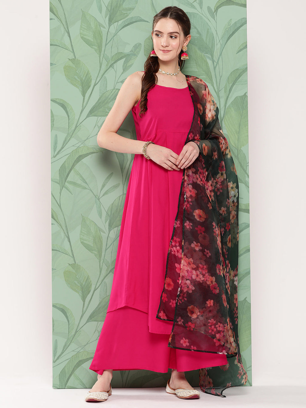 InWeave Women's Fuchsia Strappy Set W Dark Green Camelia Or Dupatta | Grocsy