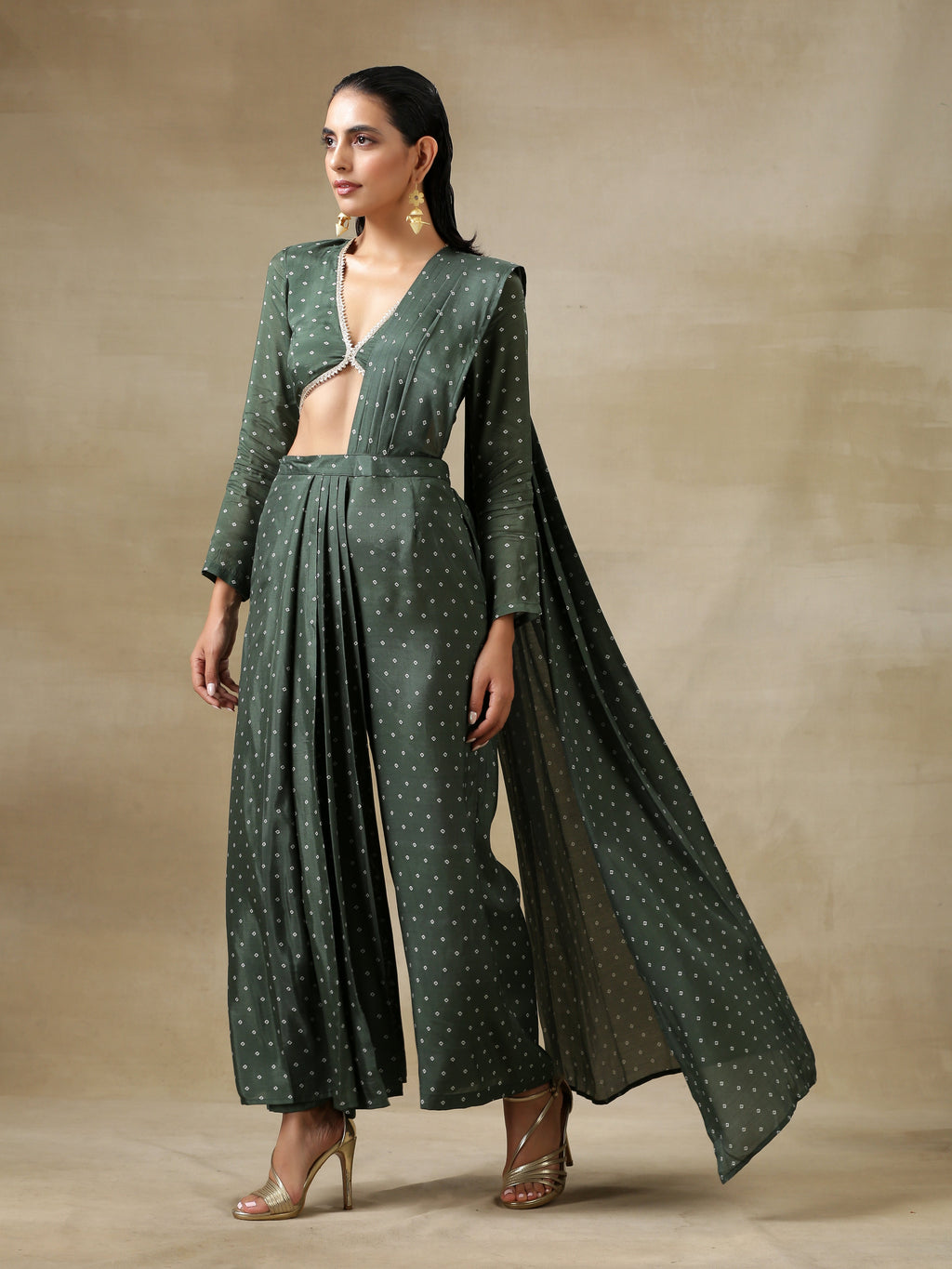 trueBrowns Dark Green Bandhani Printed Silk Palazzo Stitched Saree | Grocsy