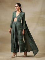 trueBrowns Dark Green Bandhani Printed Silk Palazzo Stitched Saree | Grocsy