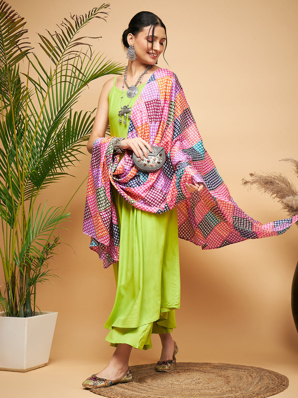 InWeave Women's Lime Green Strappy Set W Square Bandhani Print Silk Dupatta | Grocsy